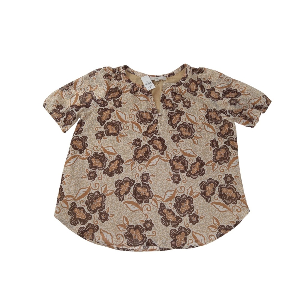 Loft Women's V-Neck Blouse Top size M Floral‎ Multicolor Short Sleeve Button